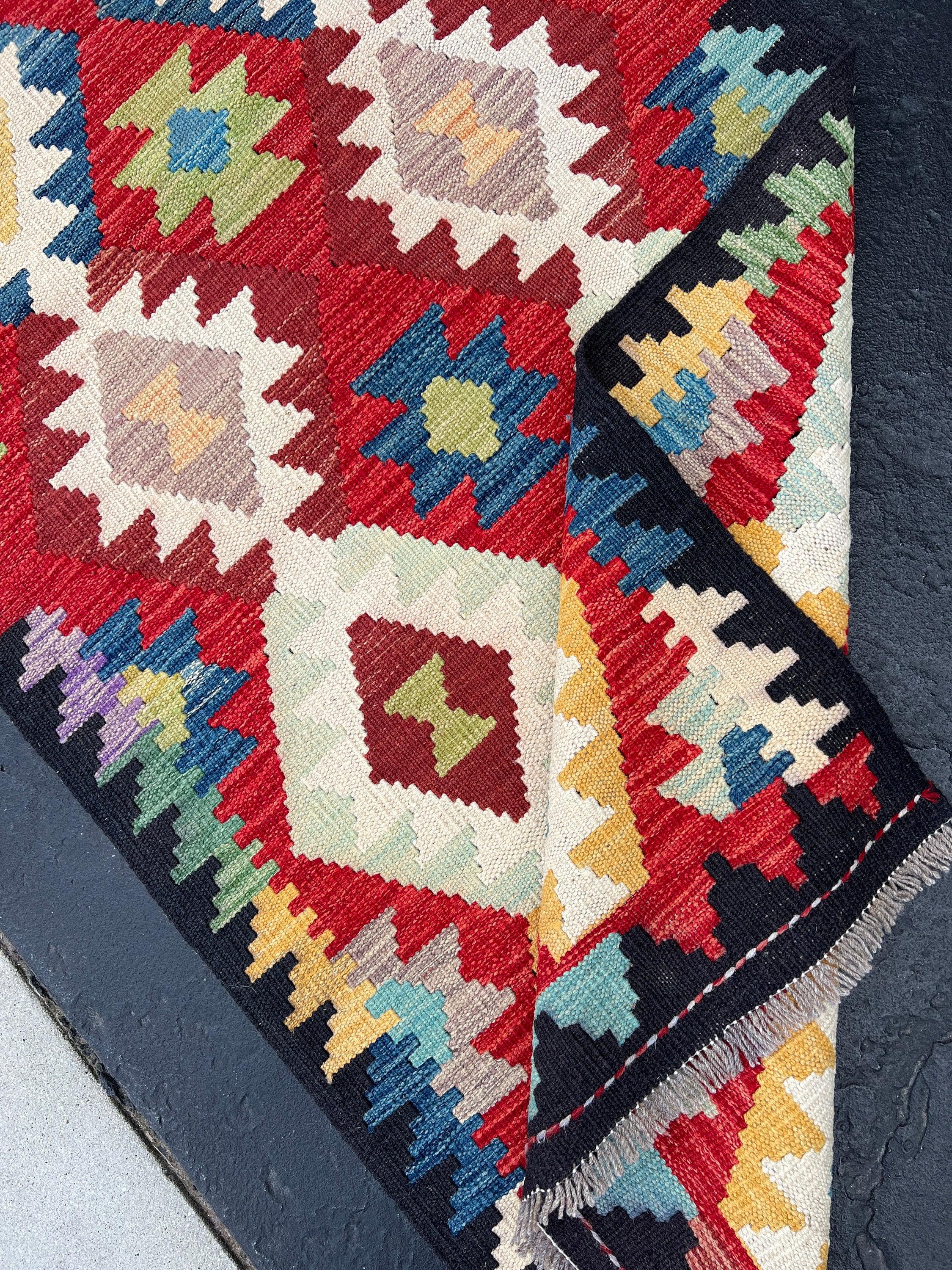 3x13 Handmade Afghan Kilim Runner Rug | Cherry Garnet Red Black Mustard Yellow Blue Light Green Ivory Cream Light Brown Mauve | Flatweave