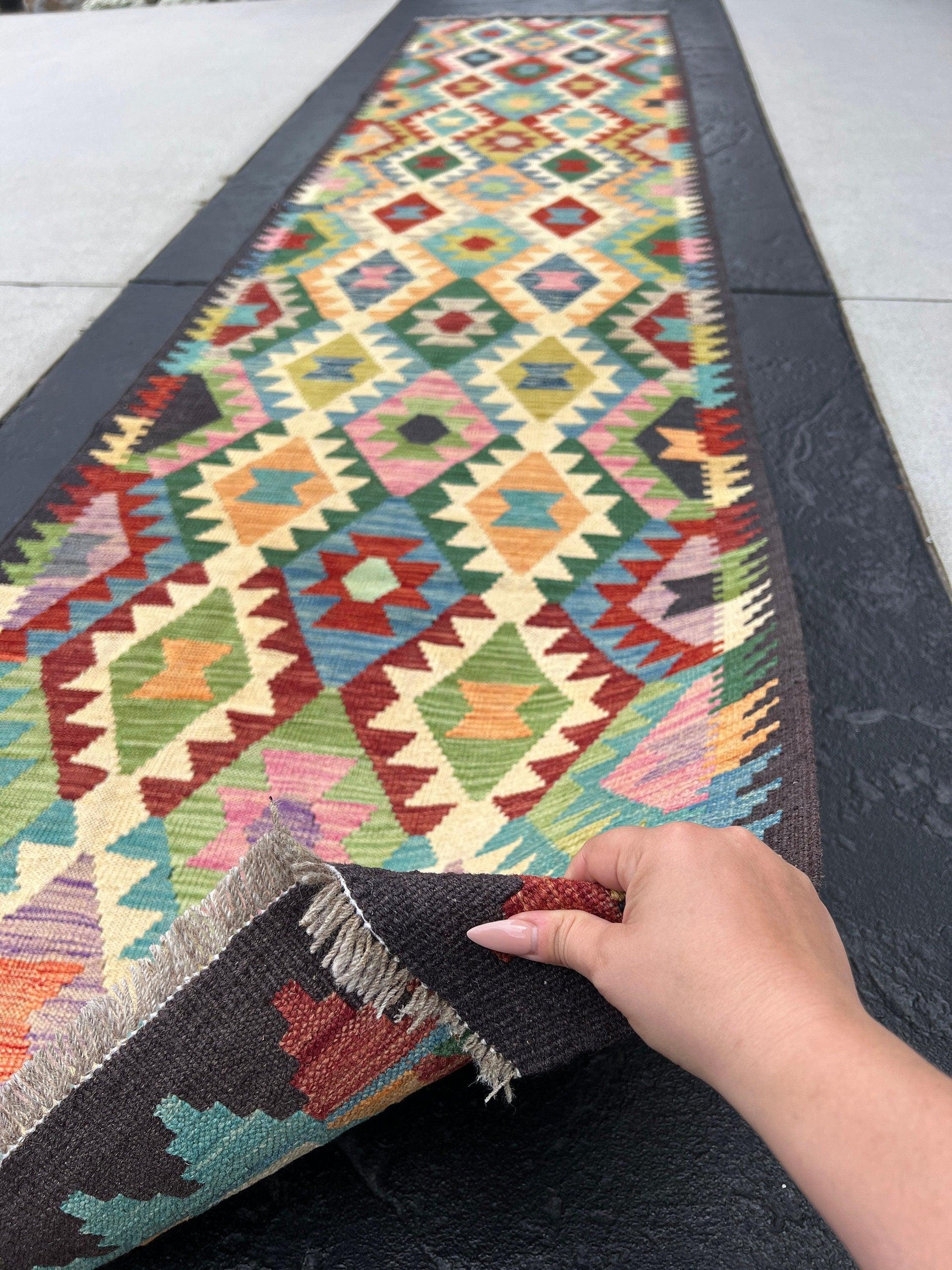 3x13 Handmade Afghan Kilim Runner Rug | Charcoal Black Orange Cream Beige Red Purple Denim Blue Pink Green Flatweave Flat Woven Wool Outdoor