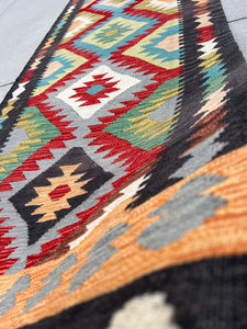 3x13 Handmade Afghan Kilim Runner Rug | Charcoal Black Grey Caramel Red White Green Baby Blue Chocolate Brown | Flatweave Flat Woven Wool