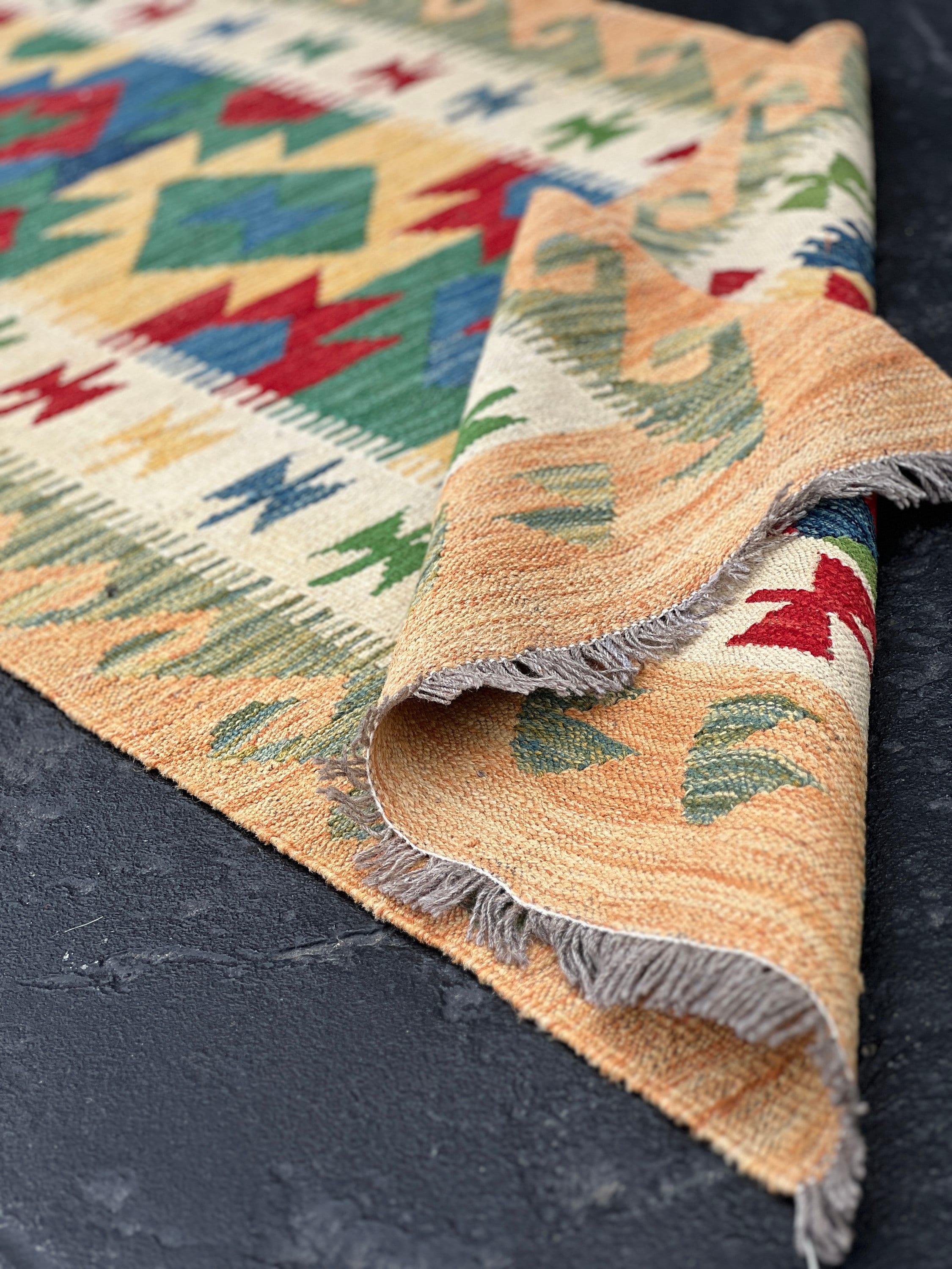 3x13 Handmade Afghan Kilim Runner Rug | Tan Brown Forest Green Red Denim Blue Ivory Cream | Flatweave Flat Woven Boho Persian Wool Outdoor