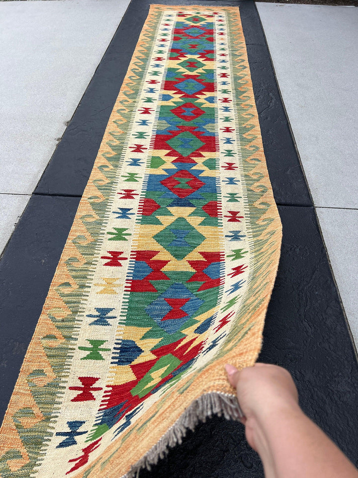 3x13 Handmade Afghan Kilim Runner Rug | Tan Brown Forest Green Red Denim Blue Ivory Cream | Flatweave Flat Woven Boho Persian Wool Outdoor