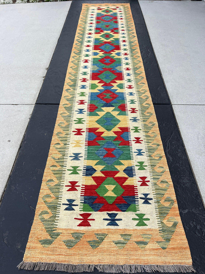 3x13 Handmade Afghan Kilim Runner Rug | Tan Brown Forest Green Red Denim Blue Ivory Cream | Flatweave Flat Woven Boho Persian Wool Outdoor