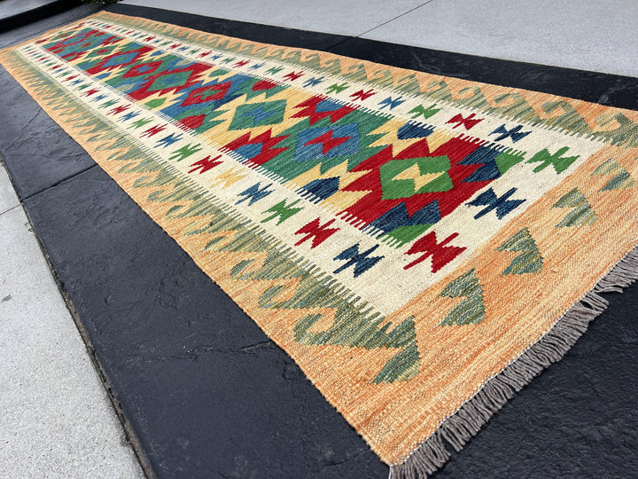 3x13 Handmade Afghan Kilim Runner Rug | Tan Brown Forest Green Red Denim Blue Ivory Cream | Flatweave Flat Woven Boho Persian Wool Outdoor