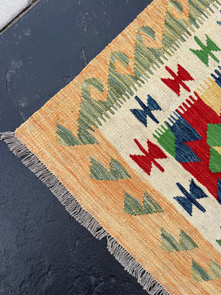 3x13 Handmade Afghan Kilim Runner Rug | Tan Brown Forest Green Red Denim Blue Ivory Cream | Flatweave Flat Woven Boho Persian Wool Outdoor