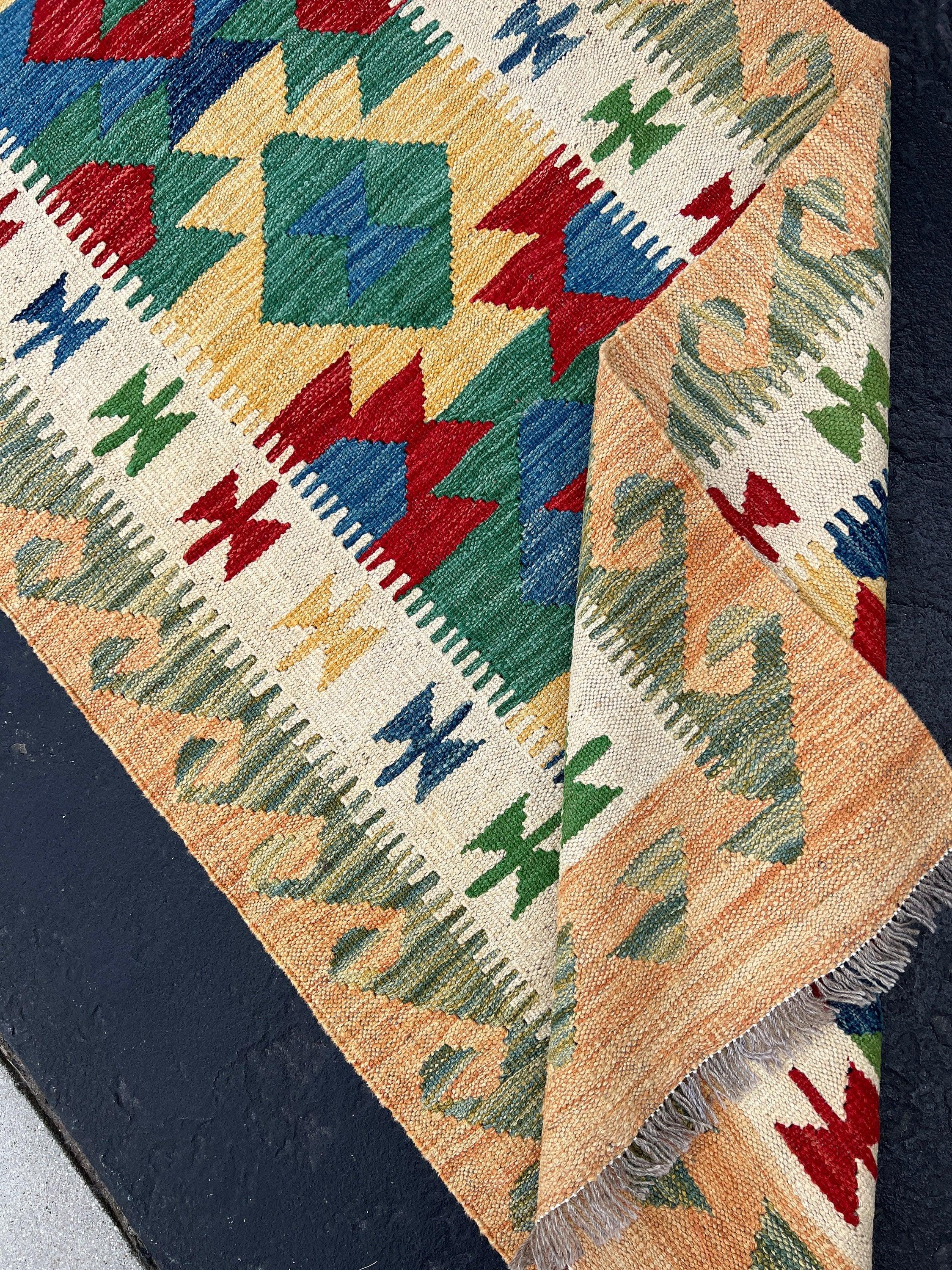 3x13 Handmade Afghan Kilim Runner Rug | Tan Brown Forest Green Red Denim Blue Ivory Cream | Flatweave Flat Woven Boho Persian Wool Outdoor