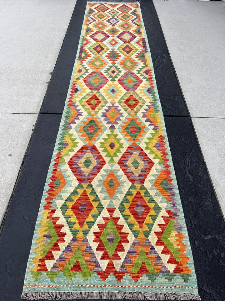 3x13 Handmade Afghan Kilim Runner Rug | Light Blue Purple Lime Pine Green Burnt Orange Golden Yellow Ivory Cream | Flatweave Wool Outdoor