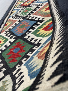 3x13 Handmade Afghan Kilim Runner Rug | Black Ivory Forest Green Denim Blue Red Brown Yellow | Flatweave Wool Flat Woven Persian Outdoor