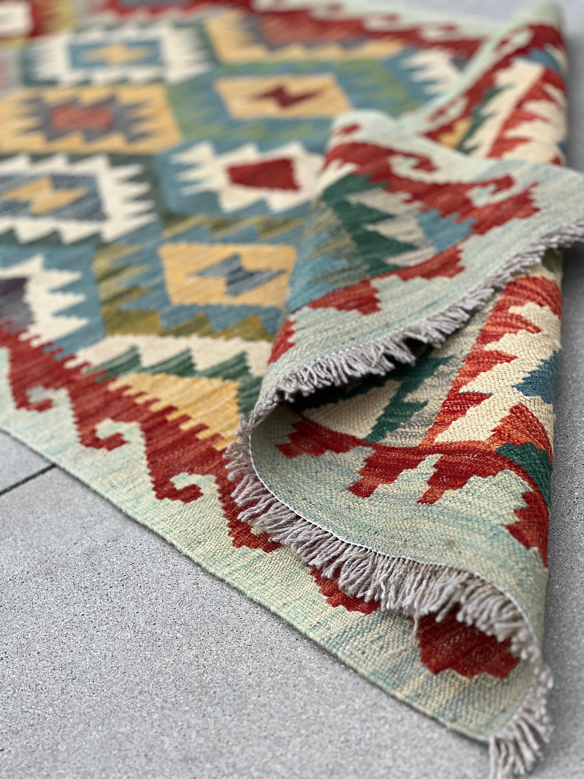 3x10 (90x305) Handmade Afghan Kilim Runner Rug | Denim Blue Pine Green Red Caramel Brown Ivory Cream Light Grey | Flatweave Outdoor Wool