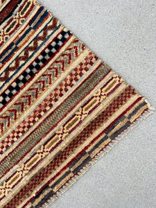 3x4 (215x305) Handmade Afghan Rug | Corsilk Yellow Taupe Tan Chocolate Mocha Brown Blood Red Blue Orange Grey | Hand Knotted Wool Striped