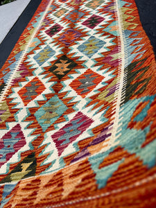 3x7 (100x200) Handmade Afghan Kilim Runner Rug | Burnt Orange Turquoise Blue Olive Dark Green Purple Fuchsia Ivory Beige | Flatweave