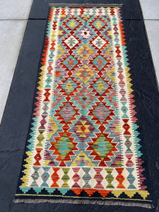 3x6~3x7 Handmade Afghan Kilim Runner Rug | Charcoal Black Burnt Orange Ivory Mauve Moss Green Blue Teal Golden Yellow | Flatweave Wool Patio
