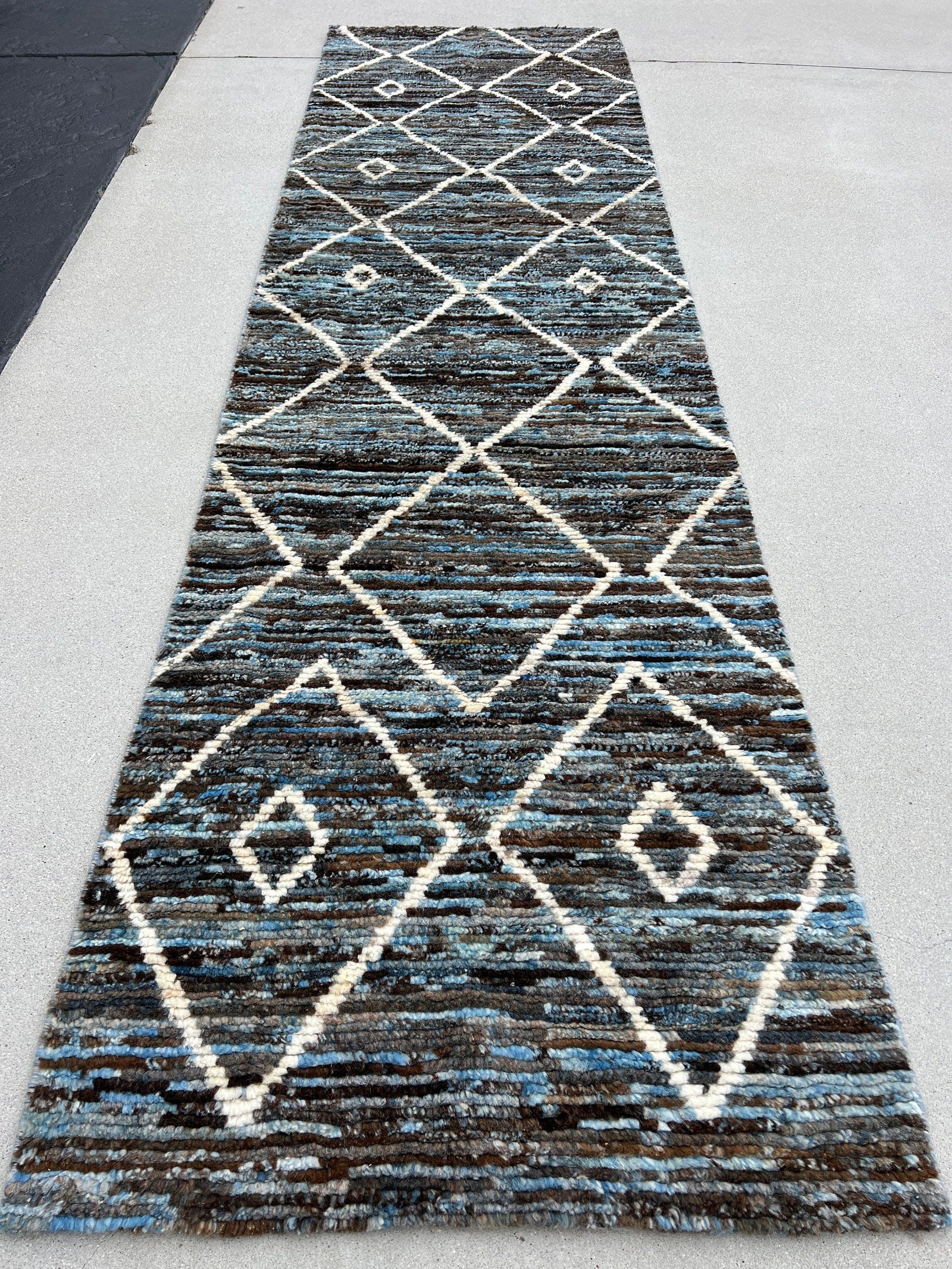 3x10 Handmade Afghan Moroccan Rug Runner | Black Brown Blue Ivory | Berber Beni Ourain Mrirt Boujad Plush Wool Tufted Diamond Woolen Boho