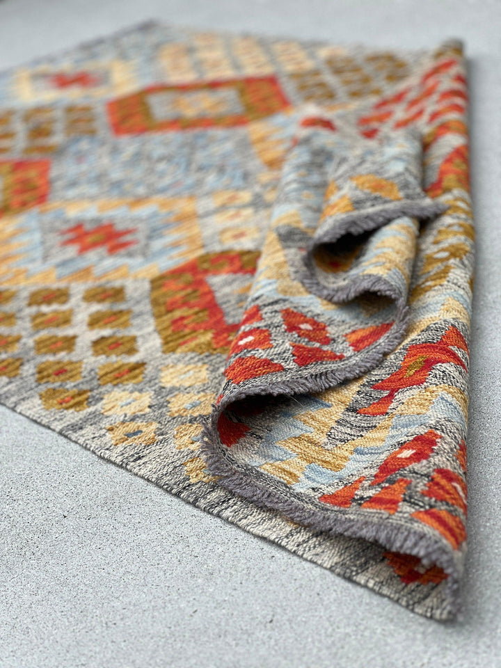 4x7 (120x215) Handmade Afghan Kilim Rug | Grey Burnt Orange Tan Golden Brown Sky Blue | Flatwoven Flatweave Persian Bohemian Geometric Wool