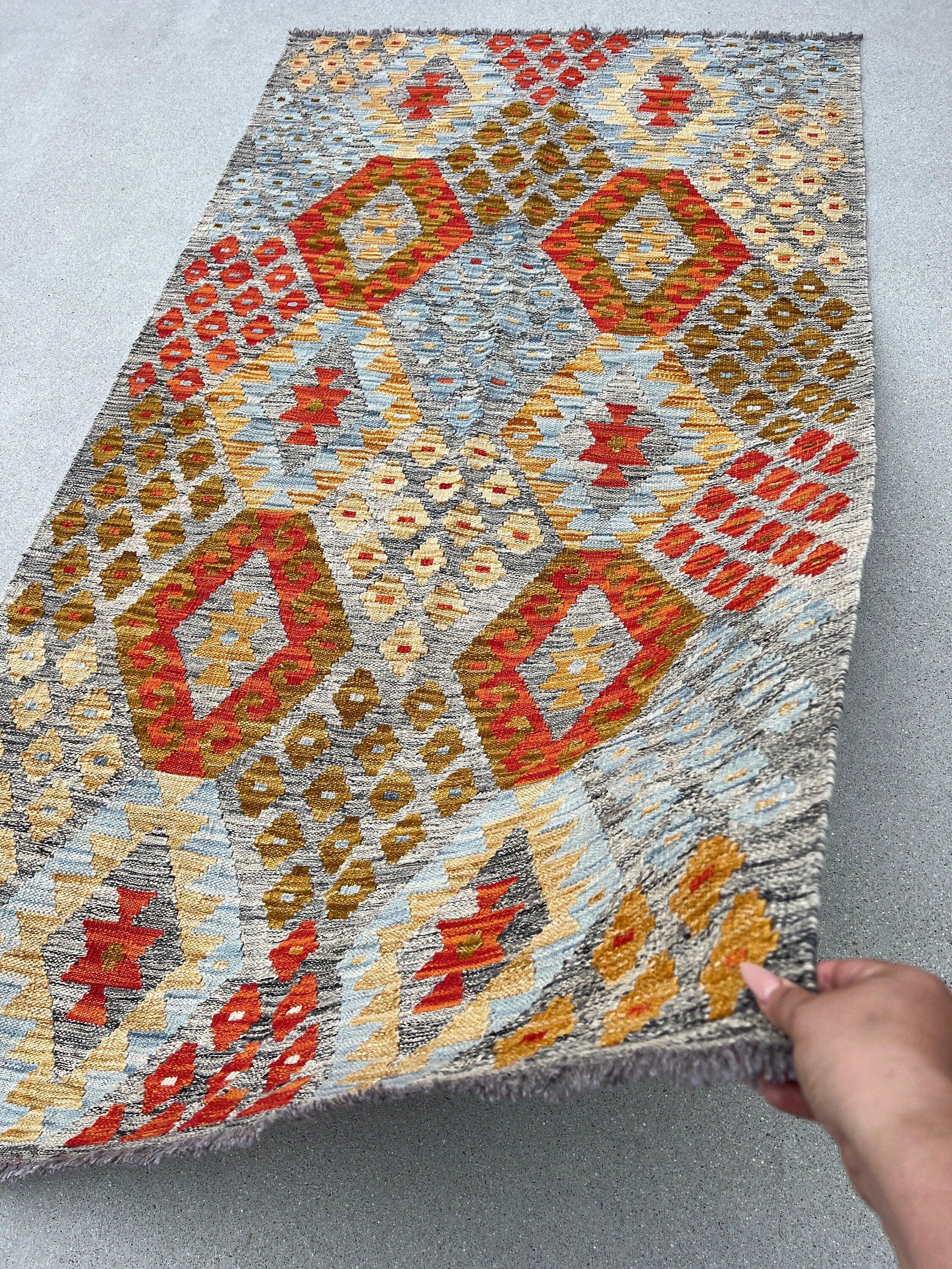 4x7 (120x215) Handmade Afghan Kilim Rug | Grey Burnt Orange Tan Golden Brown Sky Blue | Flatwoven Flatweave Persian Bohemian Geometric Wool