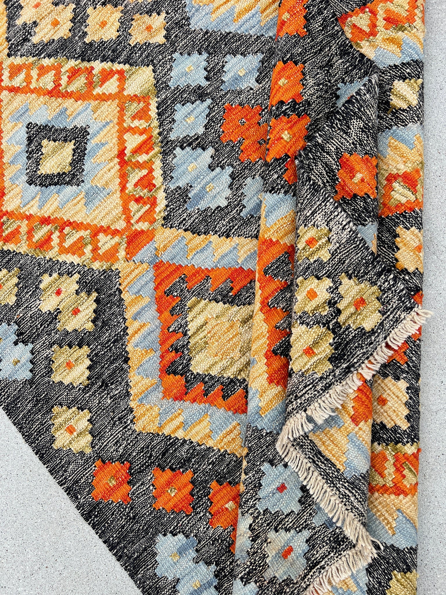 3x5 (120x150) Handmade Afghan Kilim Rug | Grey Orange Olive Green Yellow Blue | Flatweave Flatwoven Wool Persian Bohemian Oushak Outdoor
