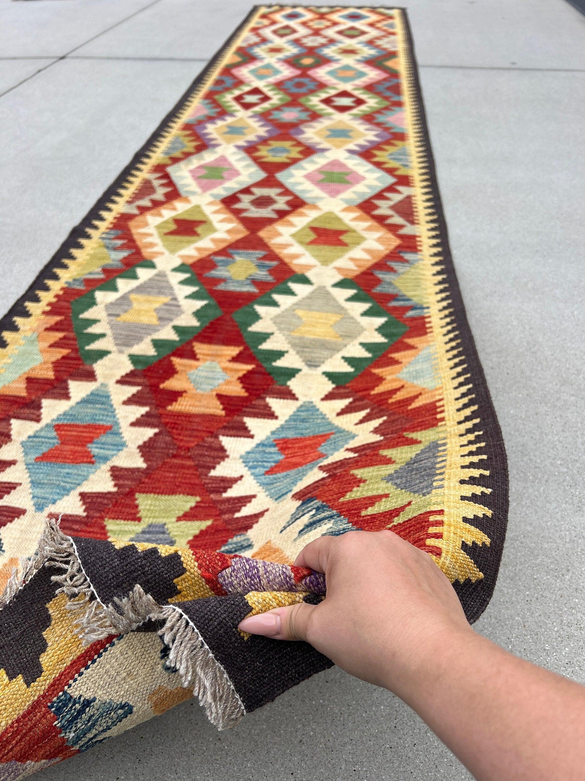 3x13 Handmade Afghan Kilim Runner Rug | Red Black Mustard Purple Blue Pine Olive Green Ivory Cream Orange Grey | Flatweave Persian Outdoor