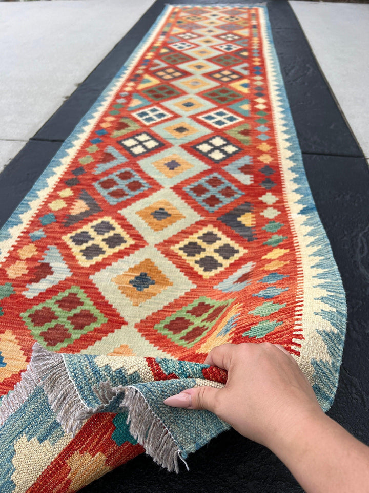 3x13 Handmade Afghan Kilim Runner Rug | Denim Blue Red Cream Coral Orange Green Grey Golden Yellow | Flatweave Flat Woven Outdoor Persian