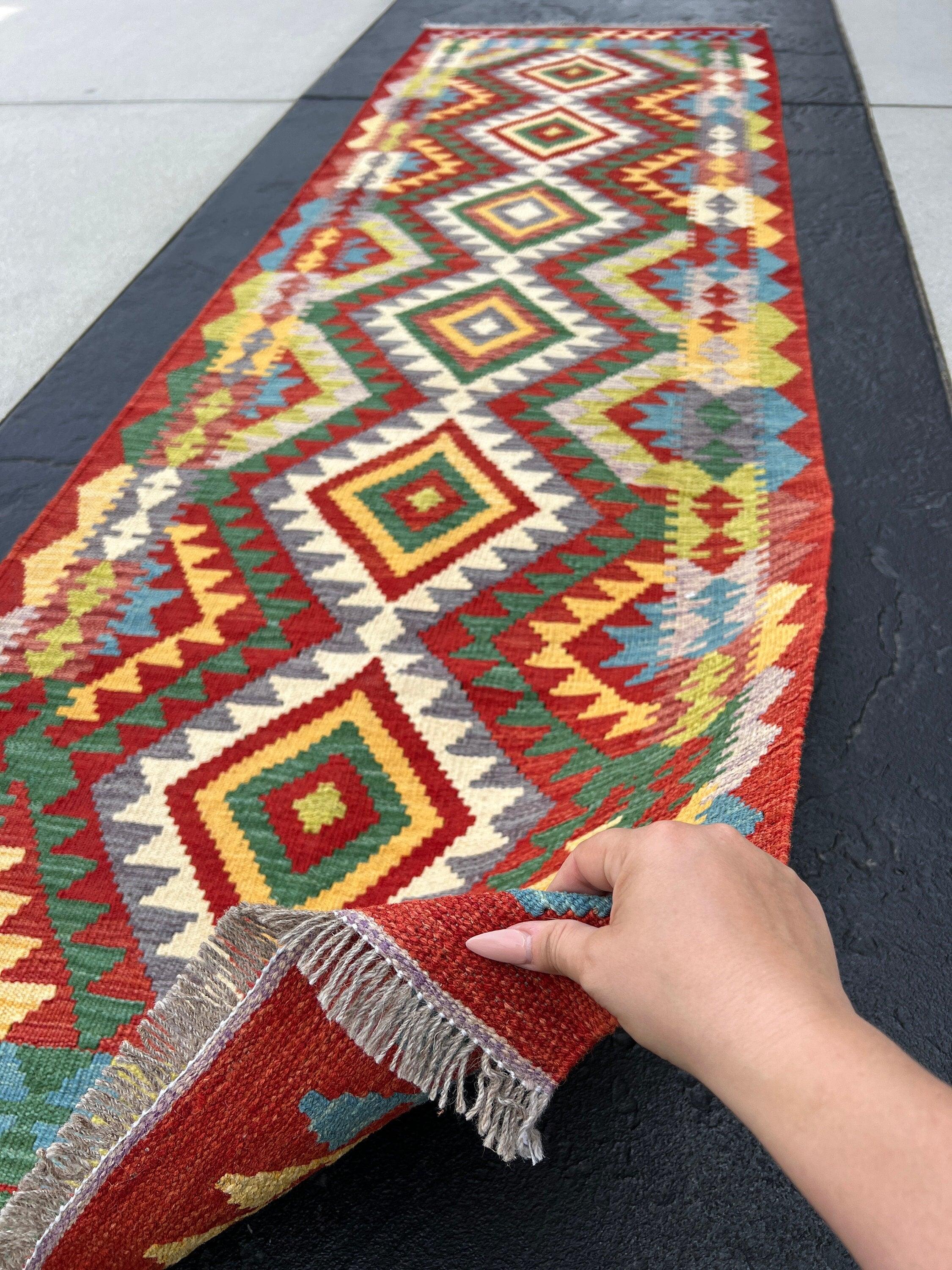 3x10 Handmade Afghan Kilim Runner Rug | Red Blood Orange Blue Golden Yellow Grey Pine Green Cream Flatweave Flat Woven Persian Wool Outdoor