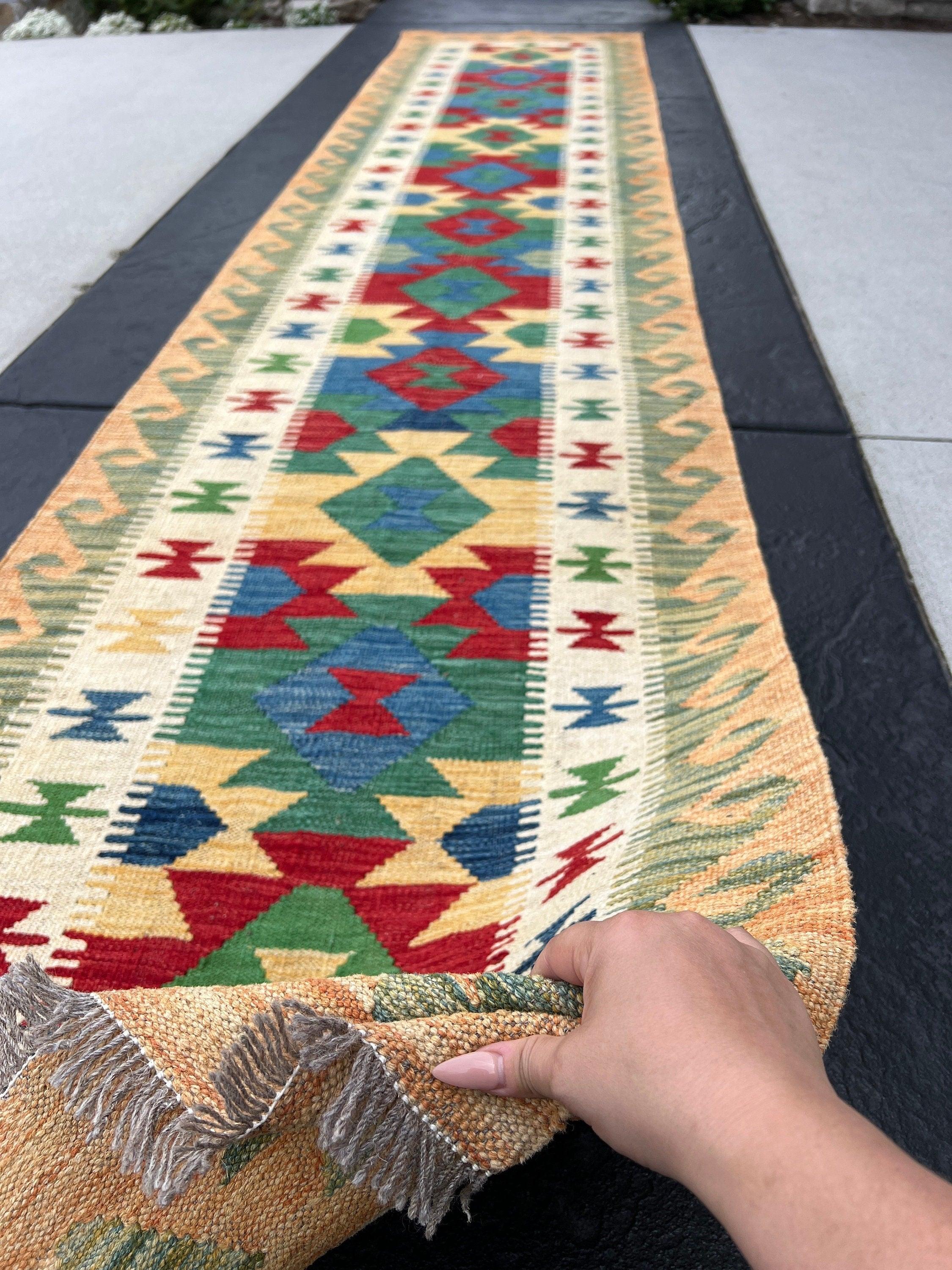 3x13 Handmade Afghan Kilim Runner Rug | Tan Brown Forest Green Red Denim Blue Ivory Cream | Flatweave Flat Woven Boho Persian Wool Outdoor