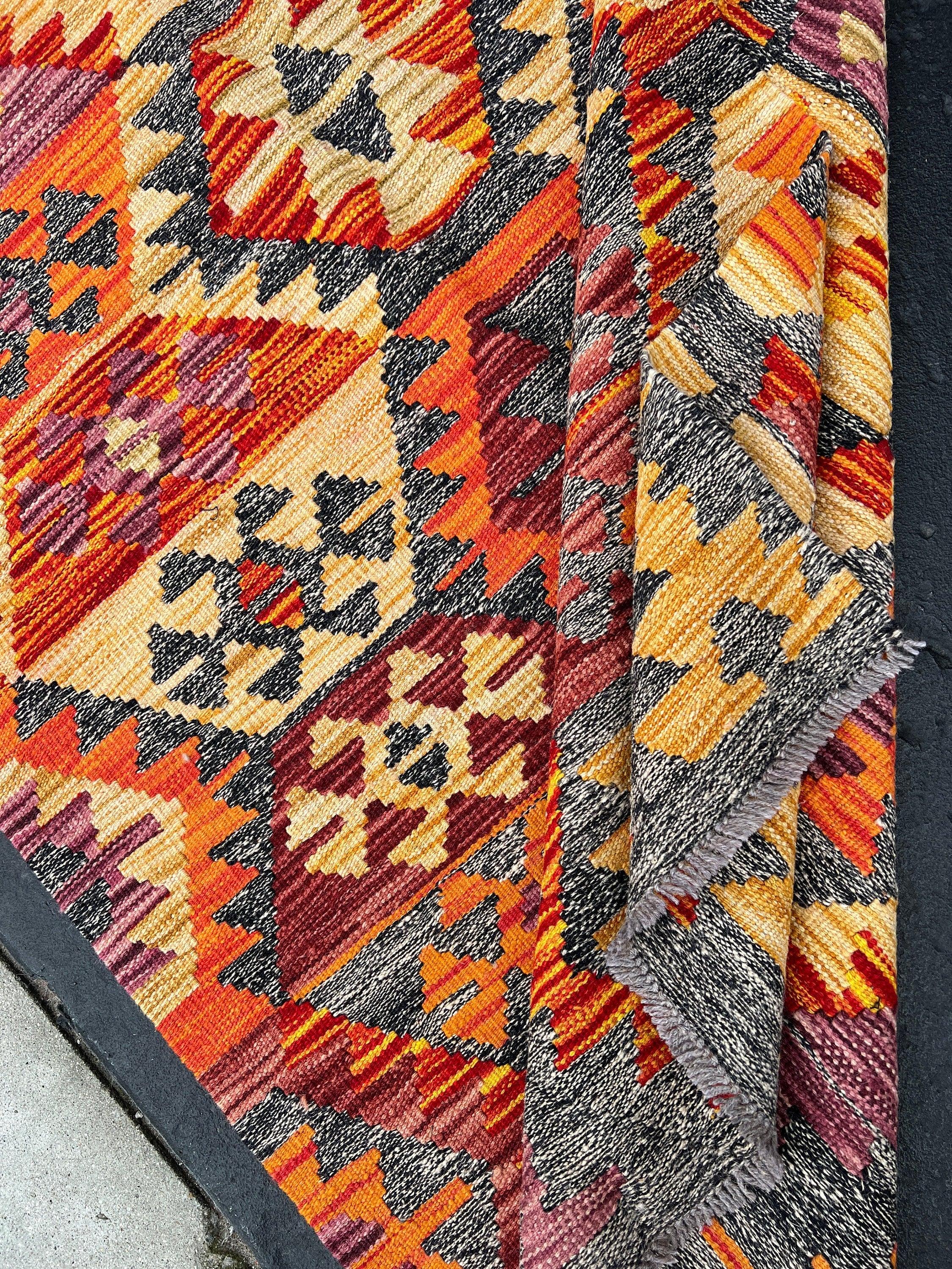 4x7 (120x215) Handmade Afghan Kilim Rug | Grey Burnt Fire Orange Wine Red Golden Yellow Eggplant Purple | Flatweave Persian Oriental Wool