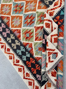 3x7 (100x200) Handmade Afghan Kilim Runner Rug | Ivory Cream Burnt Orange Black Pink Red Blue Grey Green | Flatweave Flat Woven Outdoor Wool