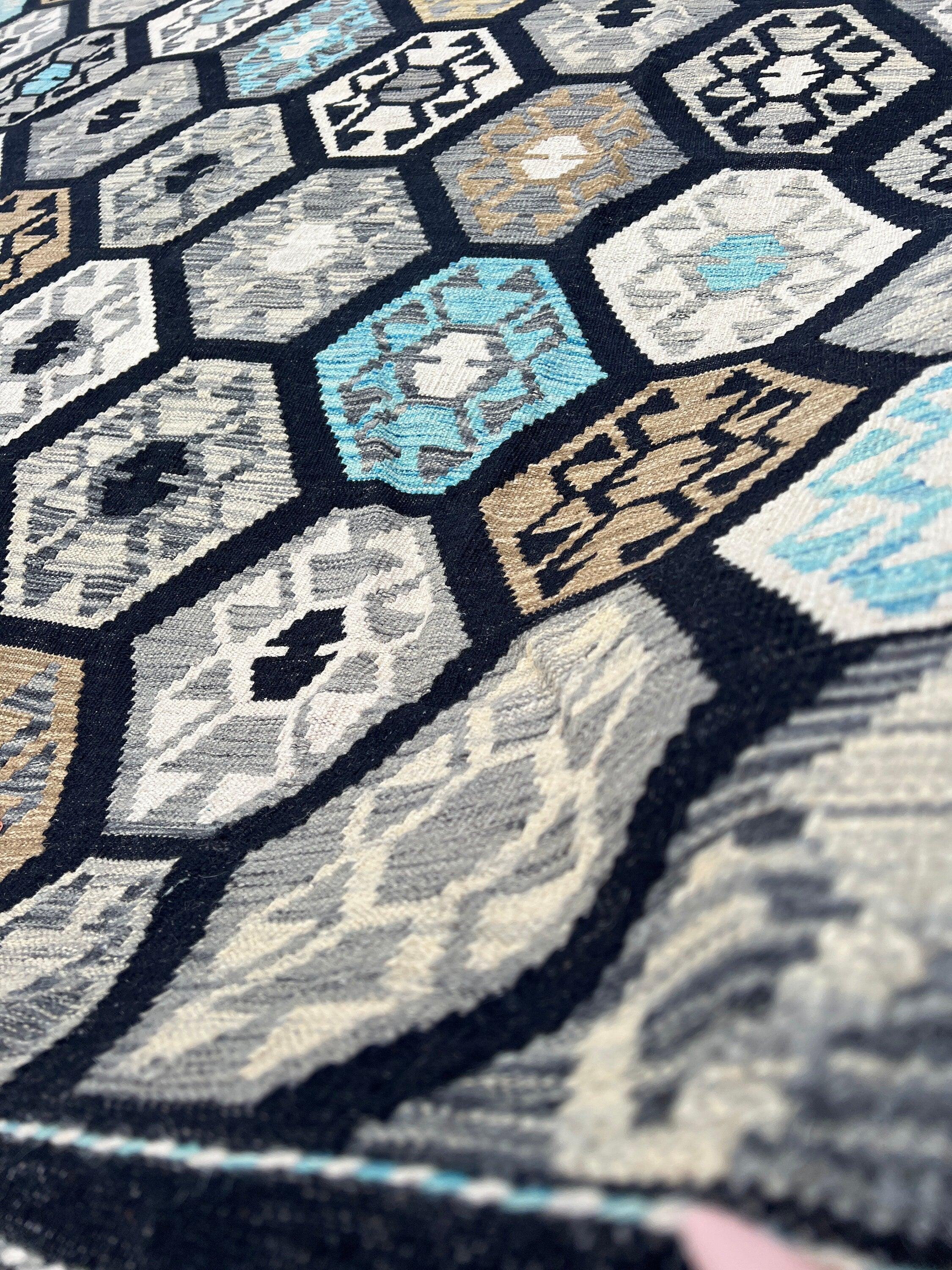 6x8 Handmade Afghan Kilim Rug | Black Ivory Cream Beige Grey SKy Baby Blue Tan Brown | Flatweave Flat Woven Bohemian Wool Outdoor