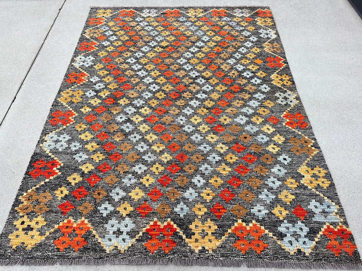 5x7 Handmade Afghan Kilim Rug | Grey Caramel Brown Burnt Fire Orange Blue | Flatweave Flat Woven Oushak Persian Bohemian Oriental Outdoor