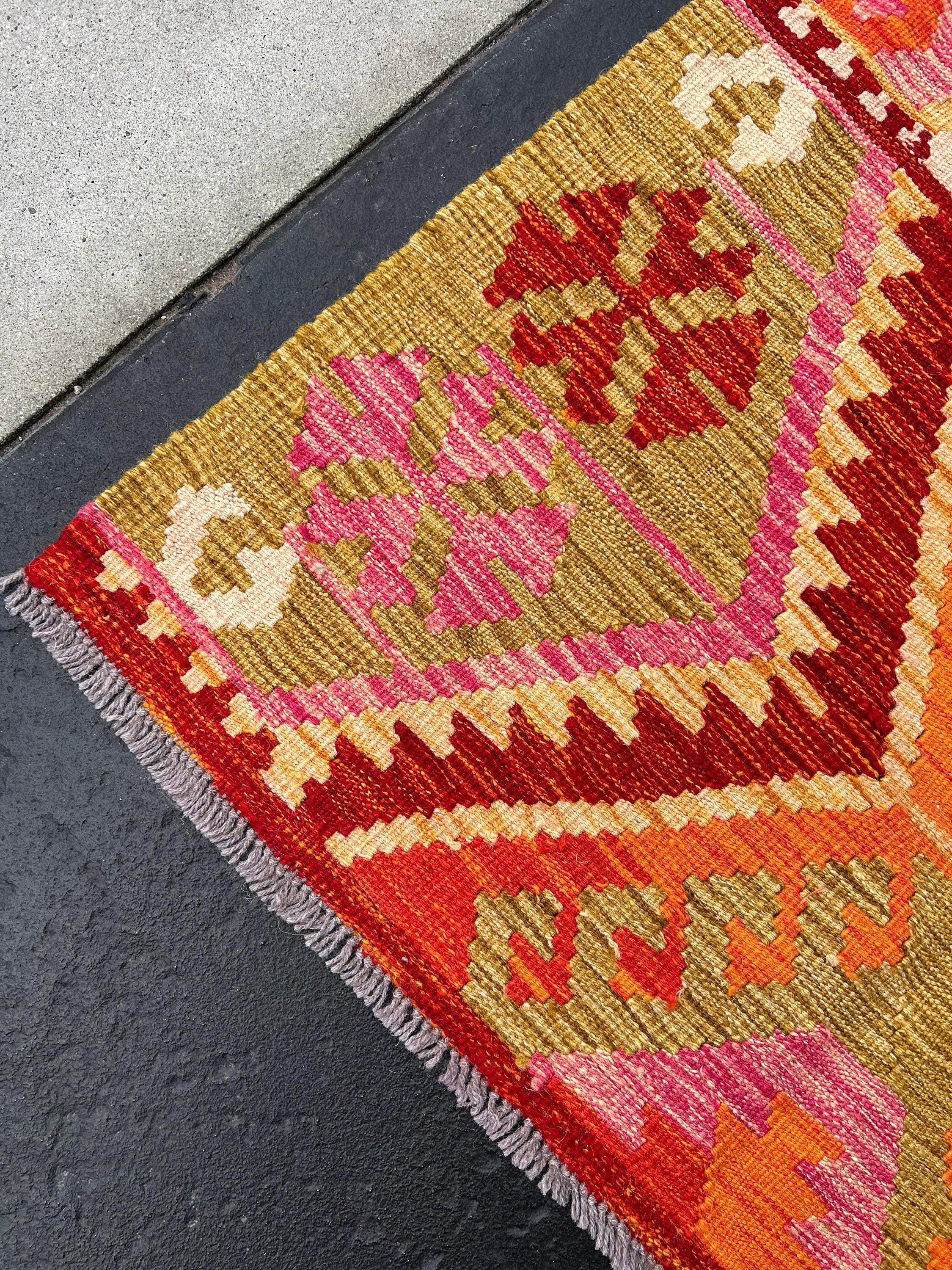 5x7 Handmade Afghan Kilim Rug | Burnt Fire Orange Mustard Yellow Rose Pink Beige Red Ivory White | Flatweave Flat Woven Geometric Outdoor