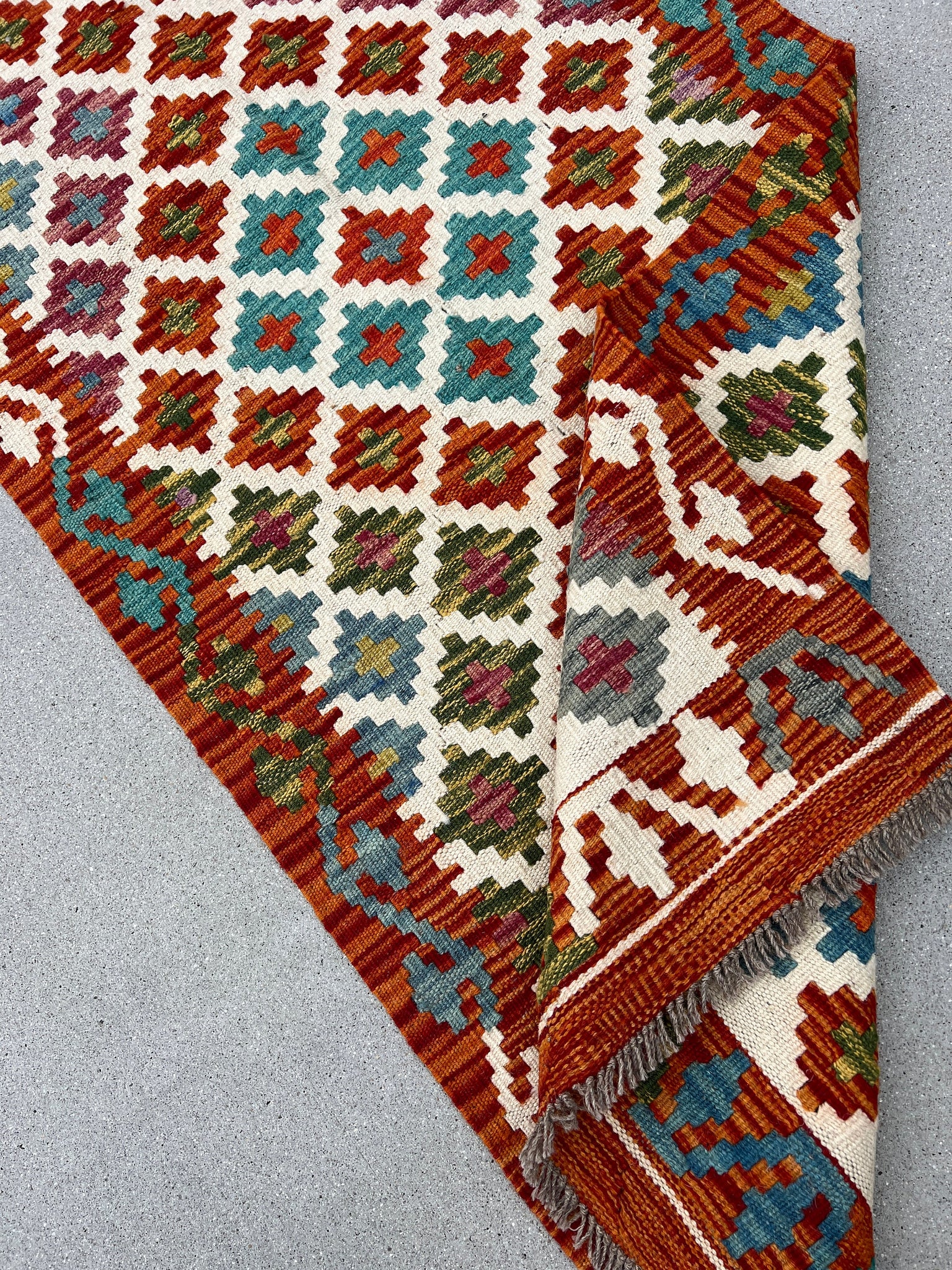 3x8 (90x245) Handmade Afghan Kilim Runner Rug | Burnt Orange Teal Turquoise 0live Green Yellow Ivory Cream Blue | Flatweave Geometric Wool