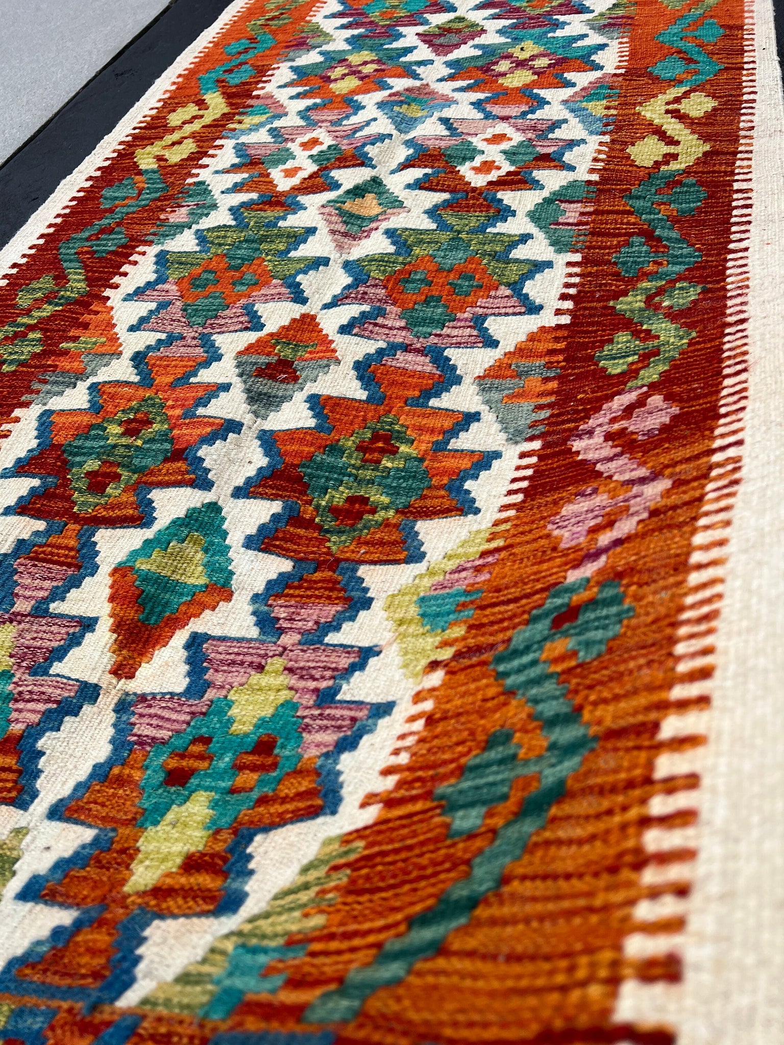 3x7 (100x200) Handmade Afghan Kilim Runner Rug | Ivory Cream Burnt Orange Crimson Red Turquoise Blue Olive Green | Flatweave Wool Turkish