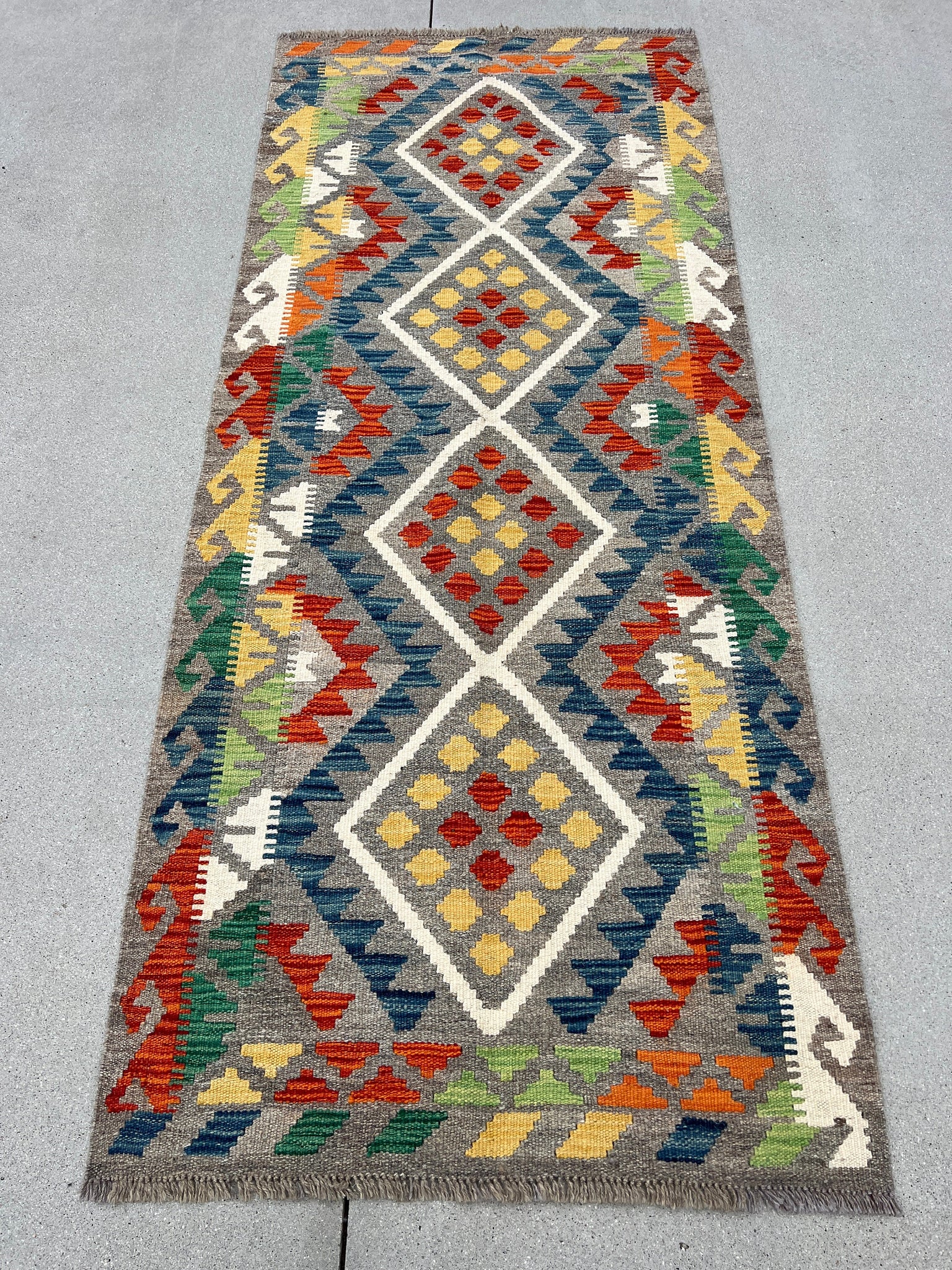 3x7 (100x200) Handmade Afghan Kilim Runner Rug | Grey Blue Green Ivory White Yellow | Flatweave Flat Woven Geometric Persian Wool Outdoor