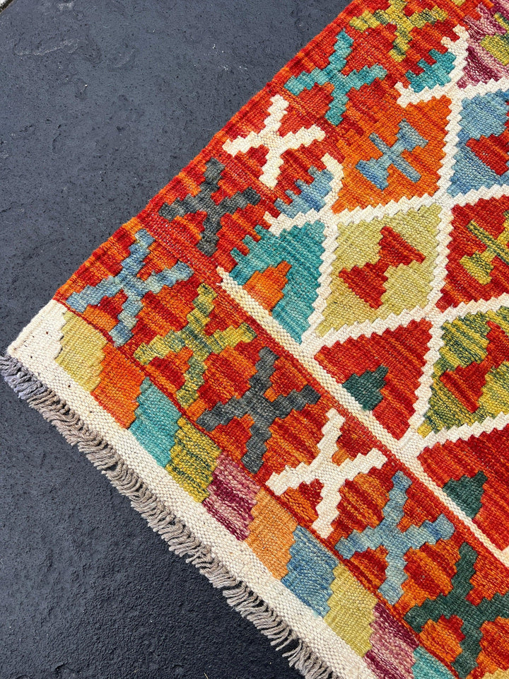 3x8 (90x245) Handmade Afghan Kilim Runner Rug | Burnt Red Orange Mustard Baby Blue Teal Ivory Green Mauve | Flatweave Woven Outdoor