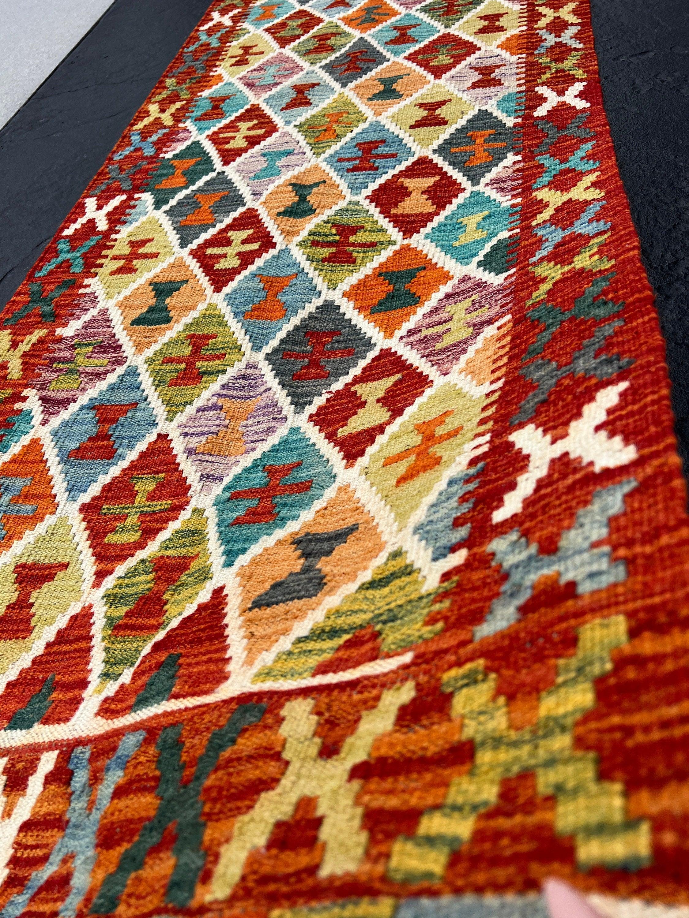 3x8 (90x245) Handmade Afghan Kilim Runner Rug | Burnt Red Orange Mustard Baby Blue Teal Ivory Green Mauve | Flatweave Woven Outdoor