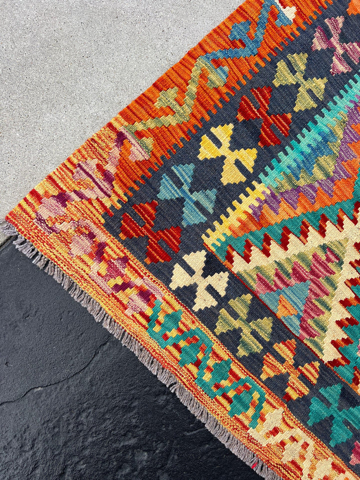 4x6 Handmade Afghan Kilim Rug | Burnt Orange Mustard Yellow Beige Moss Green Purple Turquoise Pink Navy Blue | Geometric Wool Flatweave