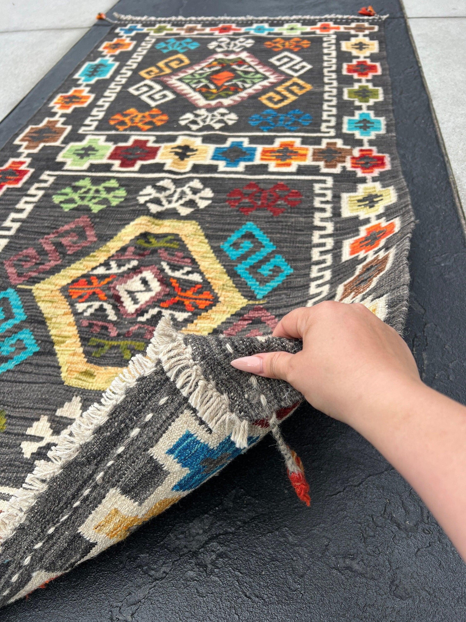 3x7~4x7 Handmade Afghan Kilim Rug | Charcoal Grey Ivory Cream Fire Orange Red Blue Yellow Maroon Green | Flatweave Flatwoven Persian Wool