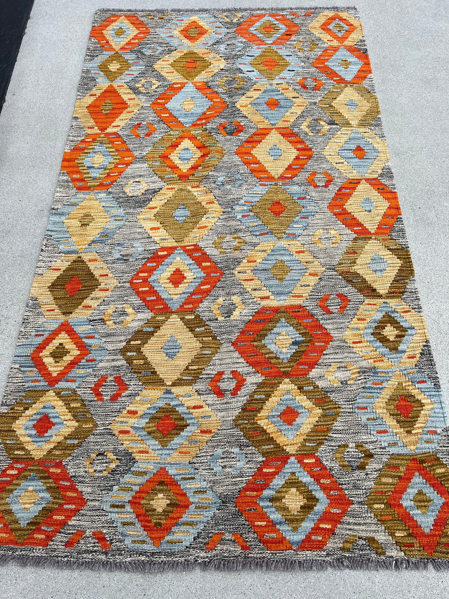 4x7 (120x215) Handmade Afghan Kilim Rug | Grey Burnt Fire Orange Light Blue Golden Brown Flatweave Flatwoven Persian Bohemian Geometric Wool