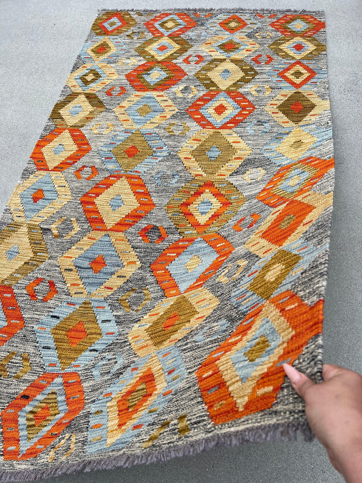 4x7 (120x215) Handmade Afghan Kilim Rug | Grey Burnt Fire Orange Light Blue Golden Brown Flatweave Flatwoven Persian Bohemian Geometric Wool