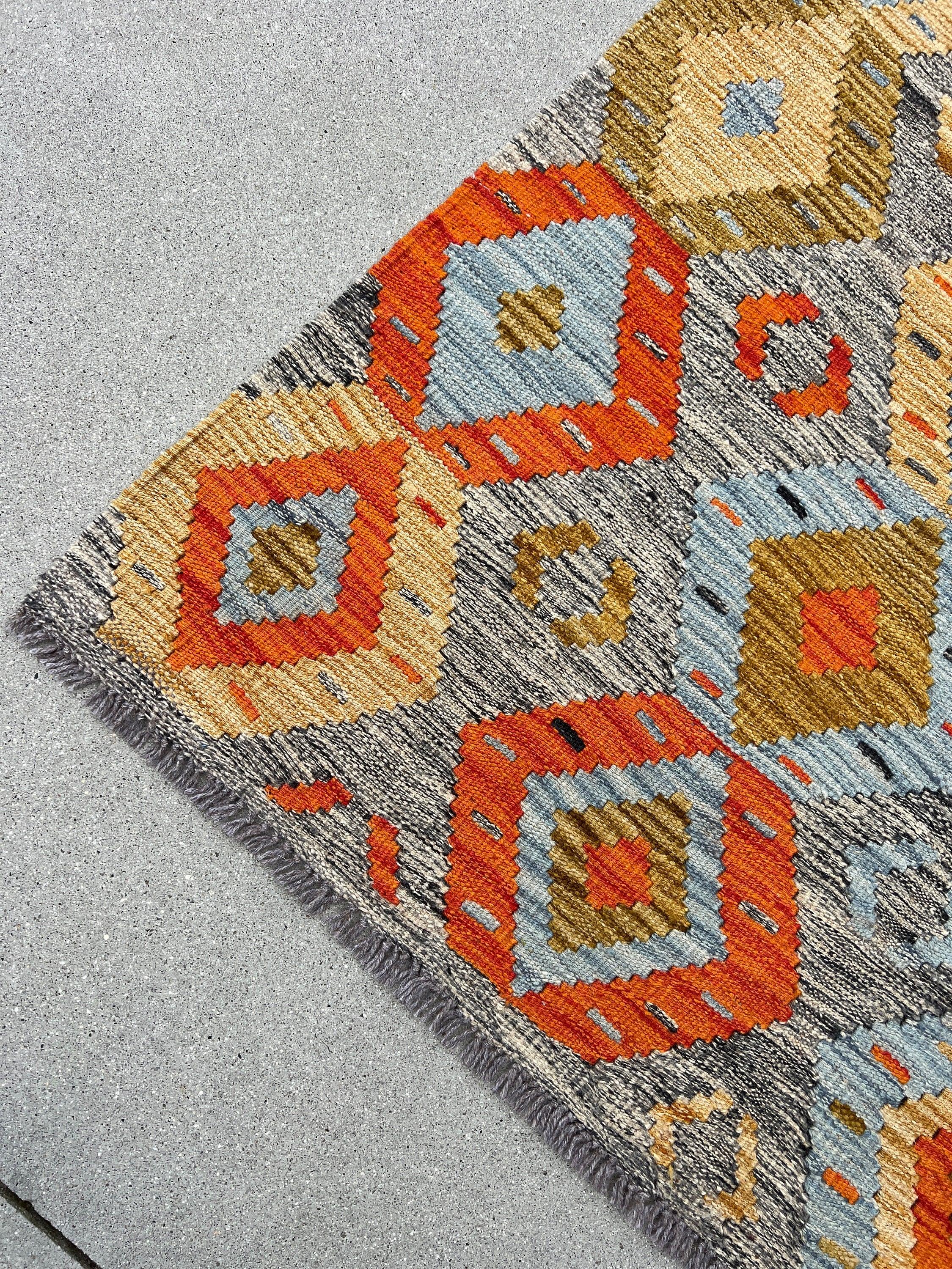 4x7 (120x215) Handmade Afghan Kilim Rug | Grey Burnt Fire Orange Light Blue Golden Brown Flatweave Flatwoven Persian Bohemian Geometric Wool