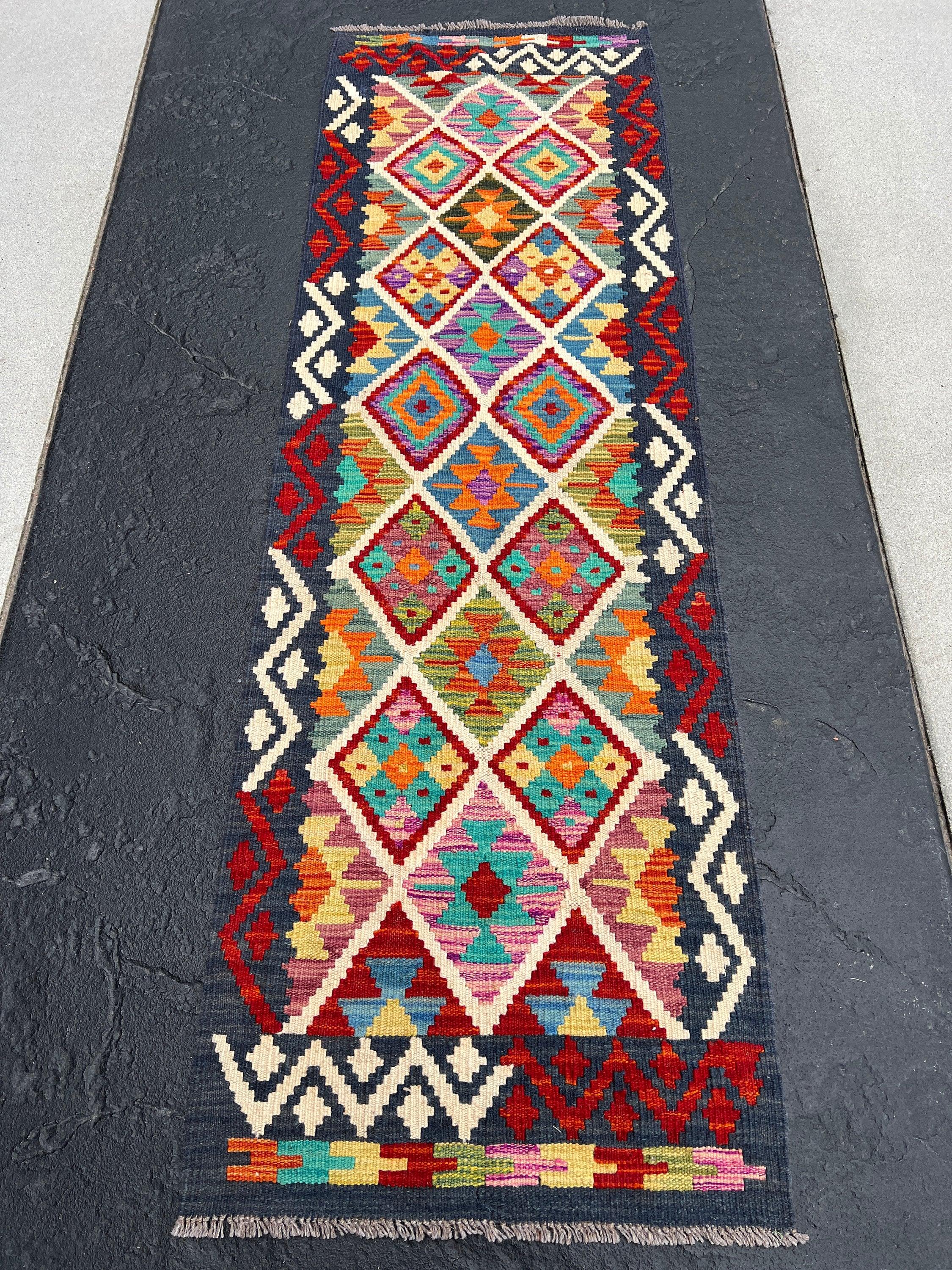 2x7 Handmade Afghan Kilim Runner Rug | Navy Blue Burnt Orange Turquoise Teal Blue Pink Purple Wine Red Olive Green Ivory | Flatweave Outdoor