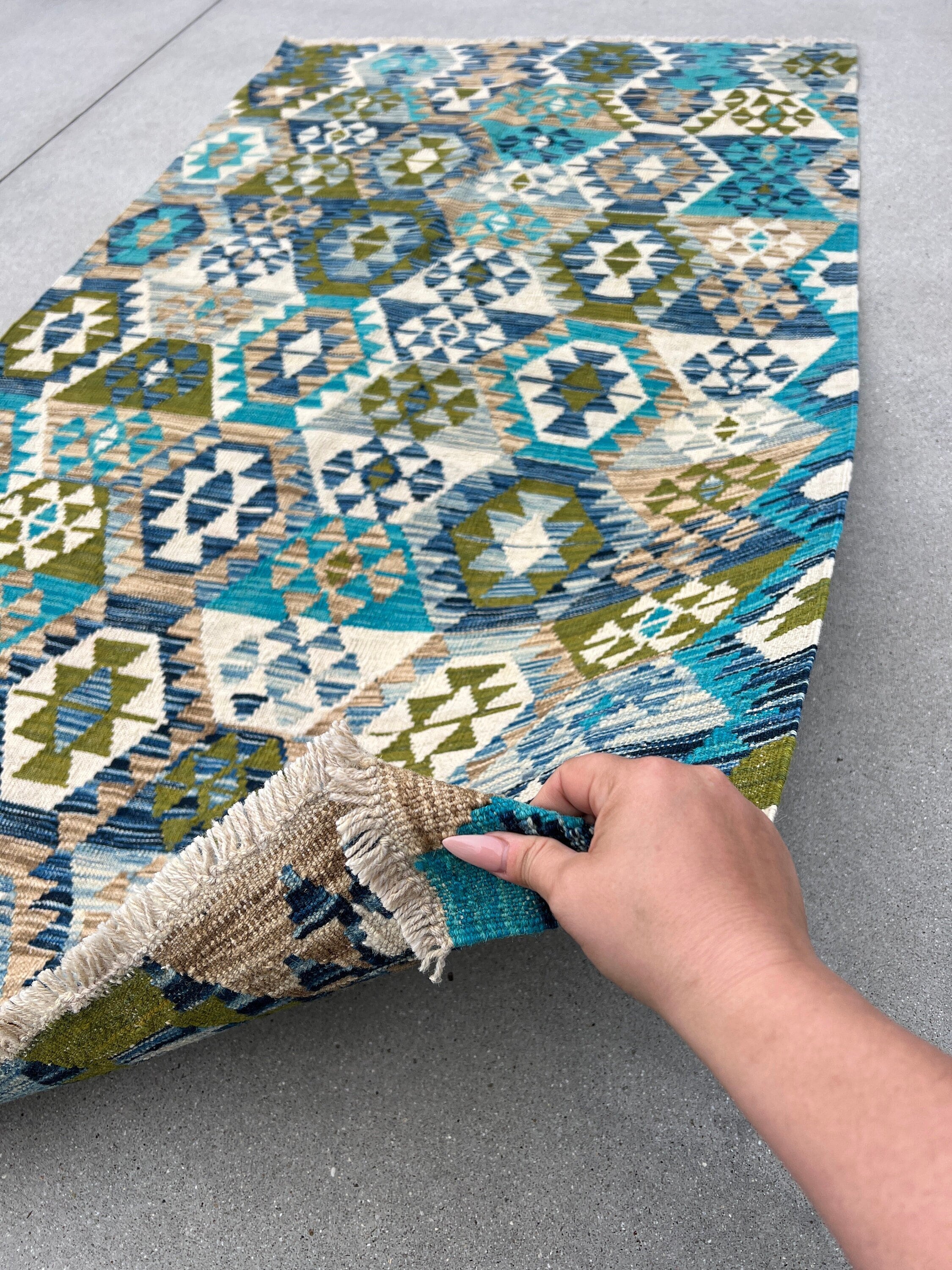 4x7 (120x215) Handmade Afghan Kilim Rug | Sky Denim Blue Ivory Tan Brown Olive Green | Flatweave Flat Woven Persian Geometric Wool Outdoor