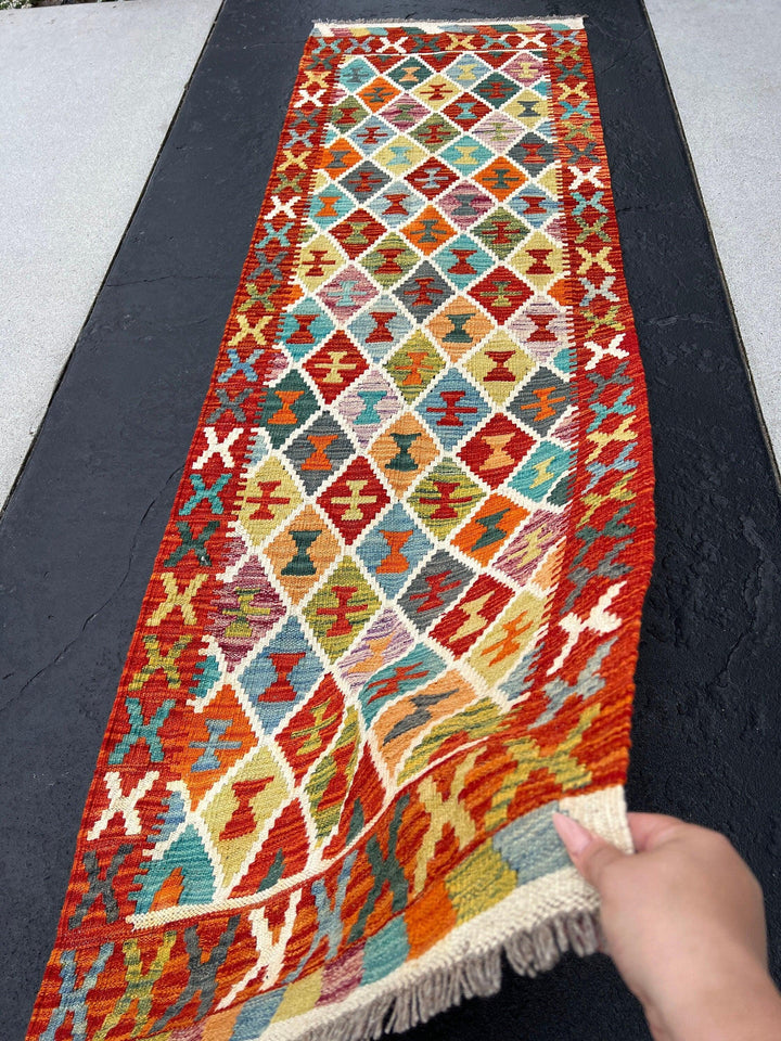 3x8 (90x245) Handmade Afghan Kilim Runner Rug | Burnt Red Orange Mustard Baby Blue Teal Ivory Green Mauve | Flatweave Woven Outdoor