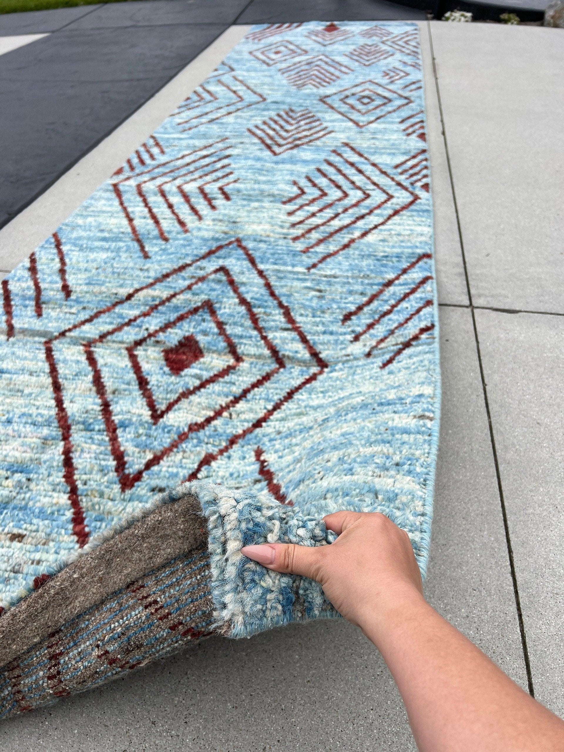 3x13 (90x395) Handmade Afghan Moroccan Rug Runner | Baby Sky Blue Blood Crimson Red Beige Ivory | Berber Beni Ourain Mrirt Boujad Plush