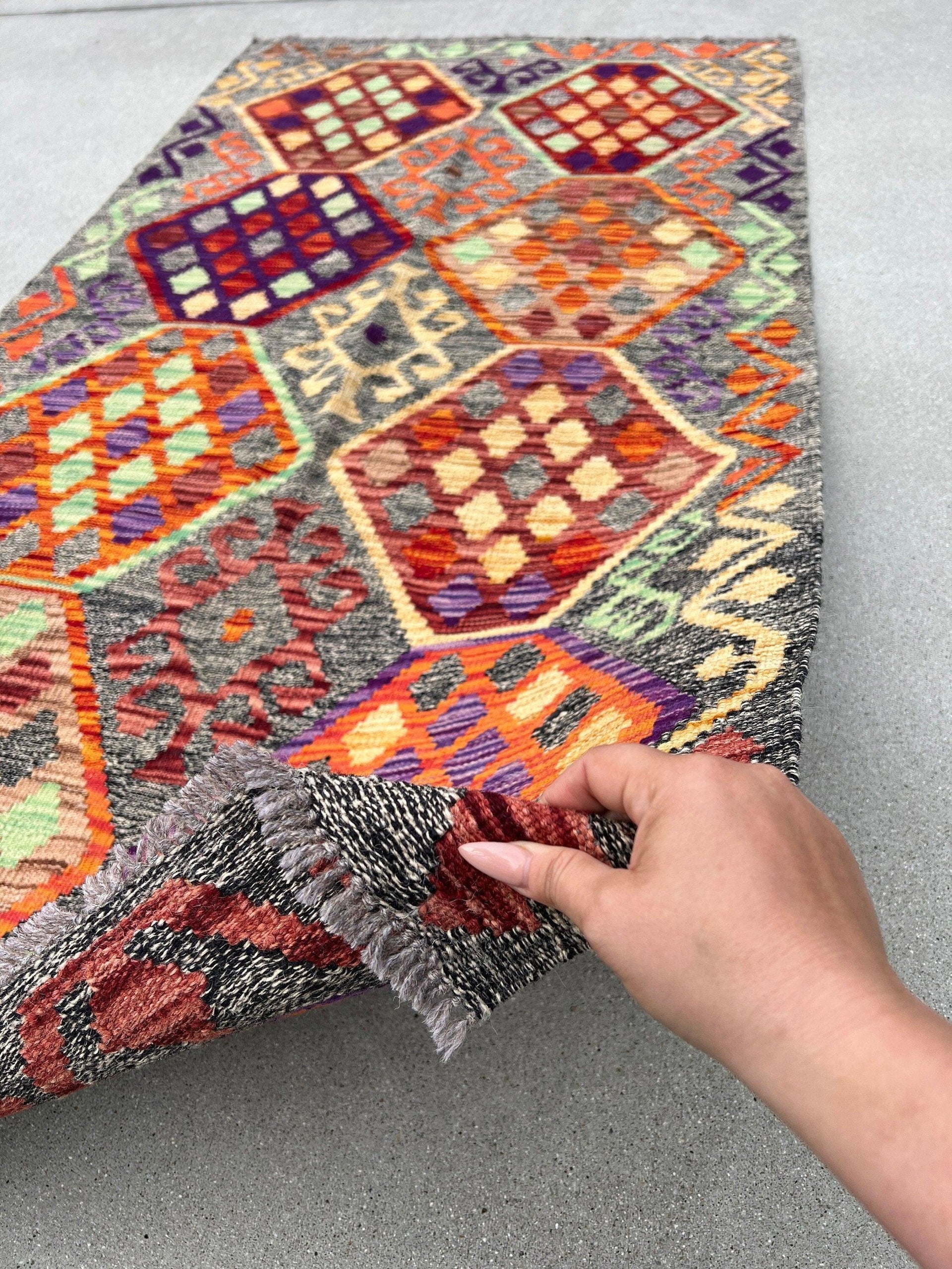 3x7 (100x200) Handmade Afghan Kilim Runner Rug | Grey Fire Burnt Orange Wine Red Purple Lime Green Brown | Flatweave Flat Woven Persian
