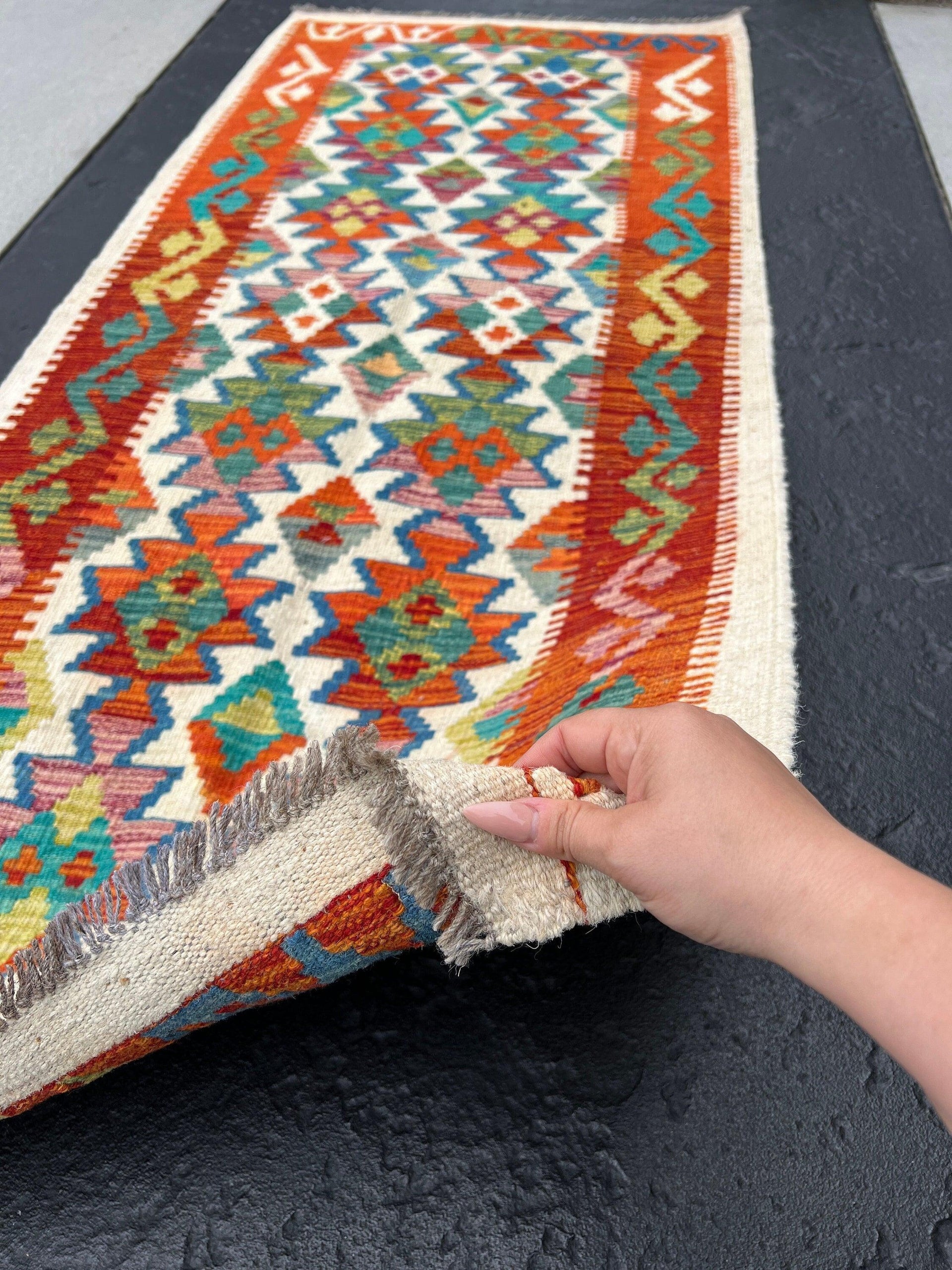 3x7 (100x200) Handmade Afghan Kilim Runner Rug | Ivory Cream Burnt Orange Crimson Red Turquoise Blue Olive Green | Flatweave Wool Turkish