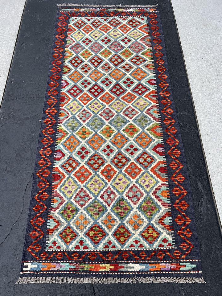 3x7 Handmade Afghan Kilim Runner Rug | Midnight Blue Blood Red Burnt Orange Ivory Turquoise Teal Olive Green Yellow Purple | Flatweave Wool