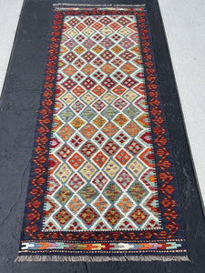 3x7 Handmade Afghan Kilim Runner Rug | Midnight Blue Blood Red Burnt Orange Ivory Turquoise Teal Olive Green Yellow Purple | Flatweave Wool