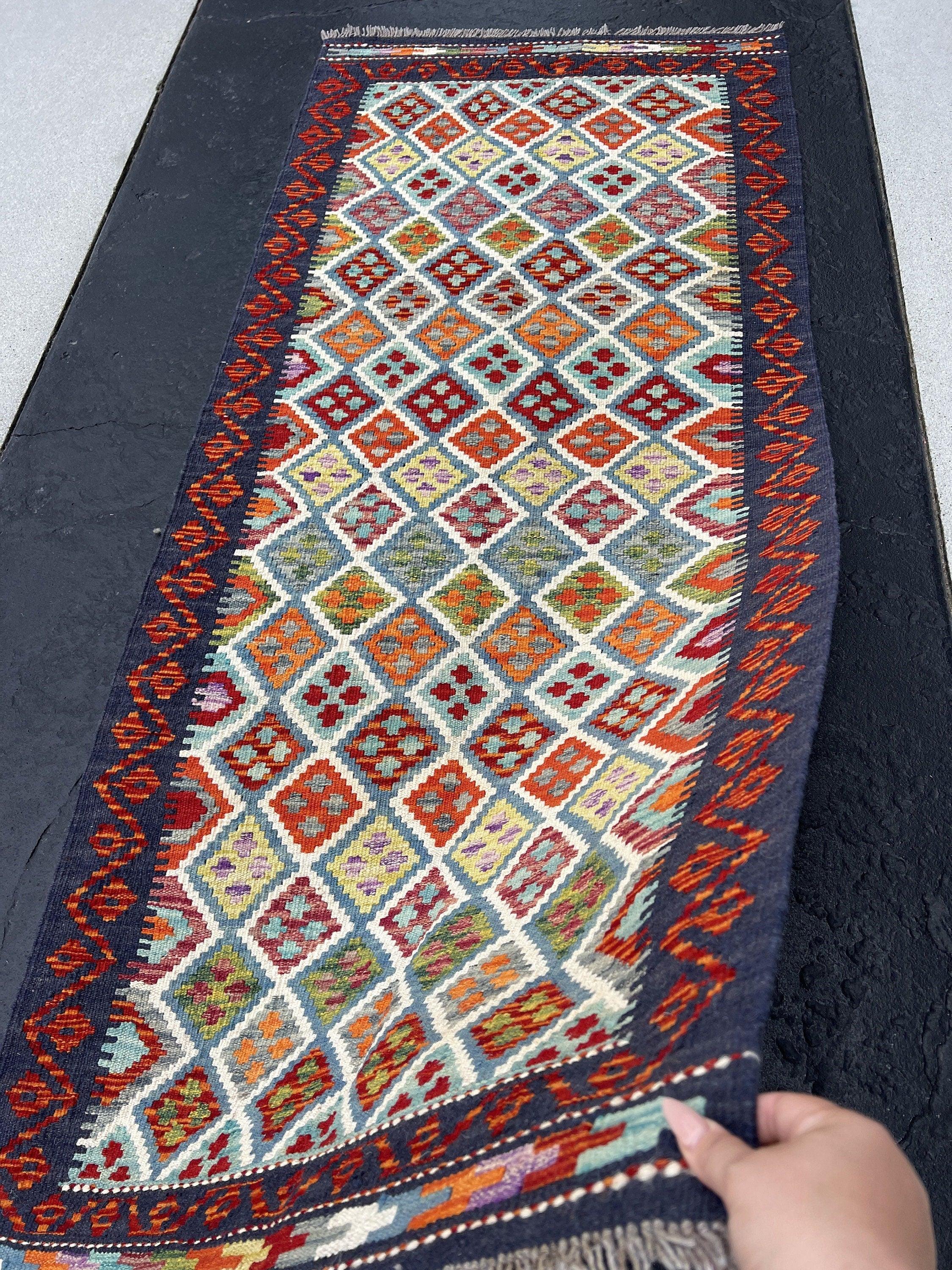 3x7 Handmade Afghan Kilim Runner Rug | Midnight Blue Blood Red Burnt Orange Ivory Turquoise Teal Olive Green Yellow Purple | Flatweave Wool