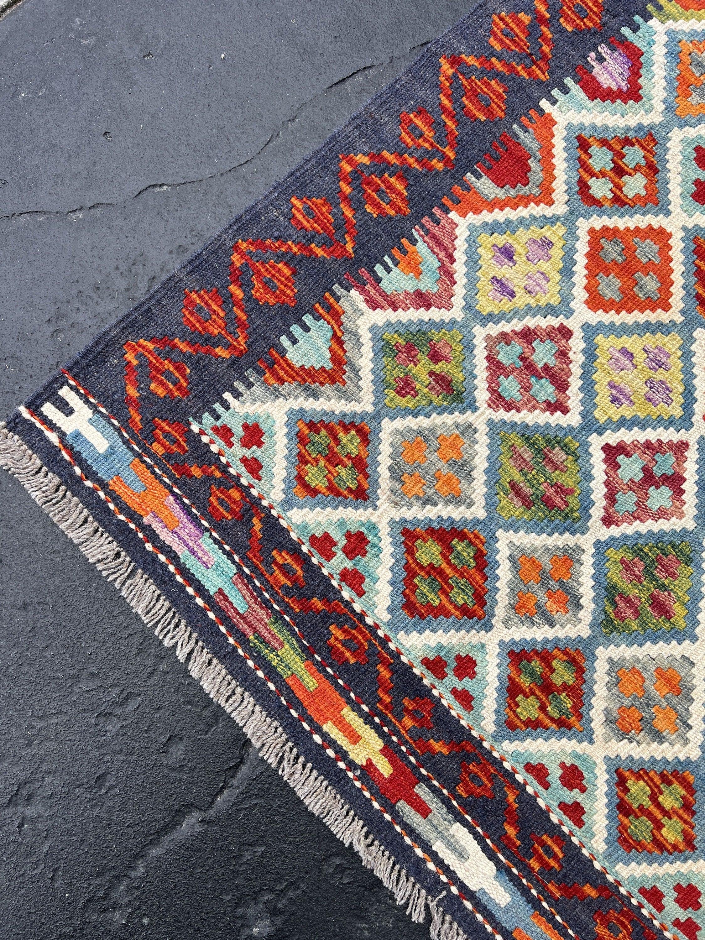 3x7 Handmade Afghan Kilim Runner Rug | Midnight Blue Blood Red Burnt Orange Ivory Turquoise Teal Olive Green Yellow Purple | Flatweave Wool