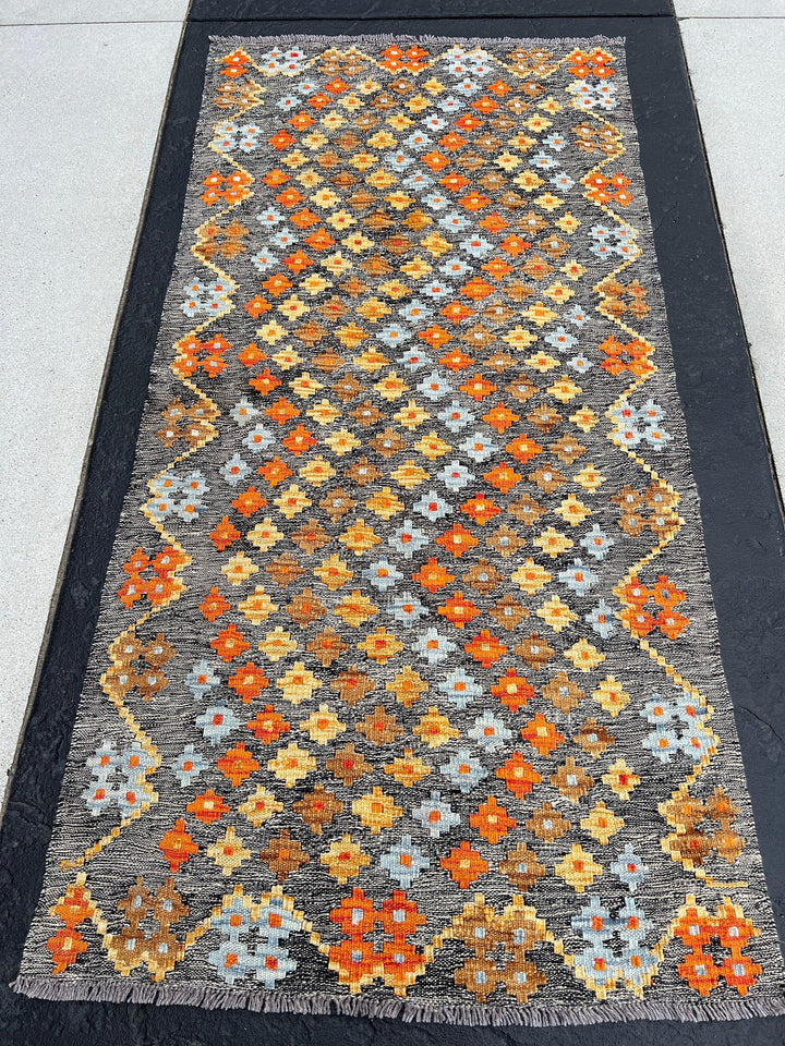 3x7 (110x215) Handmade Afghan Kilim Rug | Grey Caramel Brown Burnt Fire Orange Sky Blue | Flatweave Flat Woven Persian Oriental Outdoor