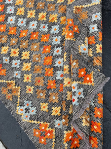 3x7 (110x215) Handmade Afghan Kilim Rug | Grey Caramel Brown Burnt Fire Orange Sky Blue | Flatweave Flat Woven Persian Oriental Outdoor